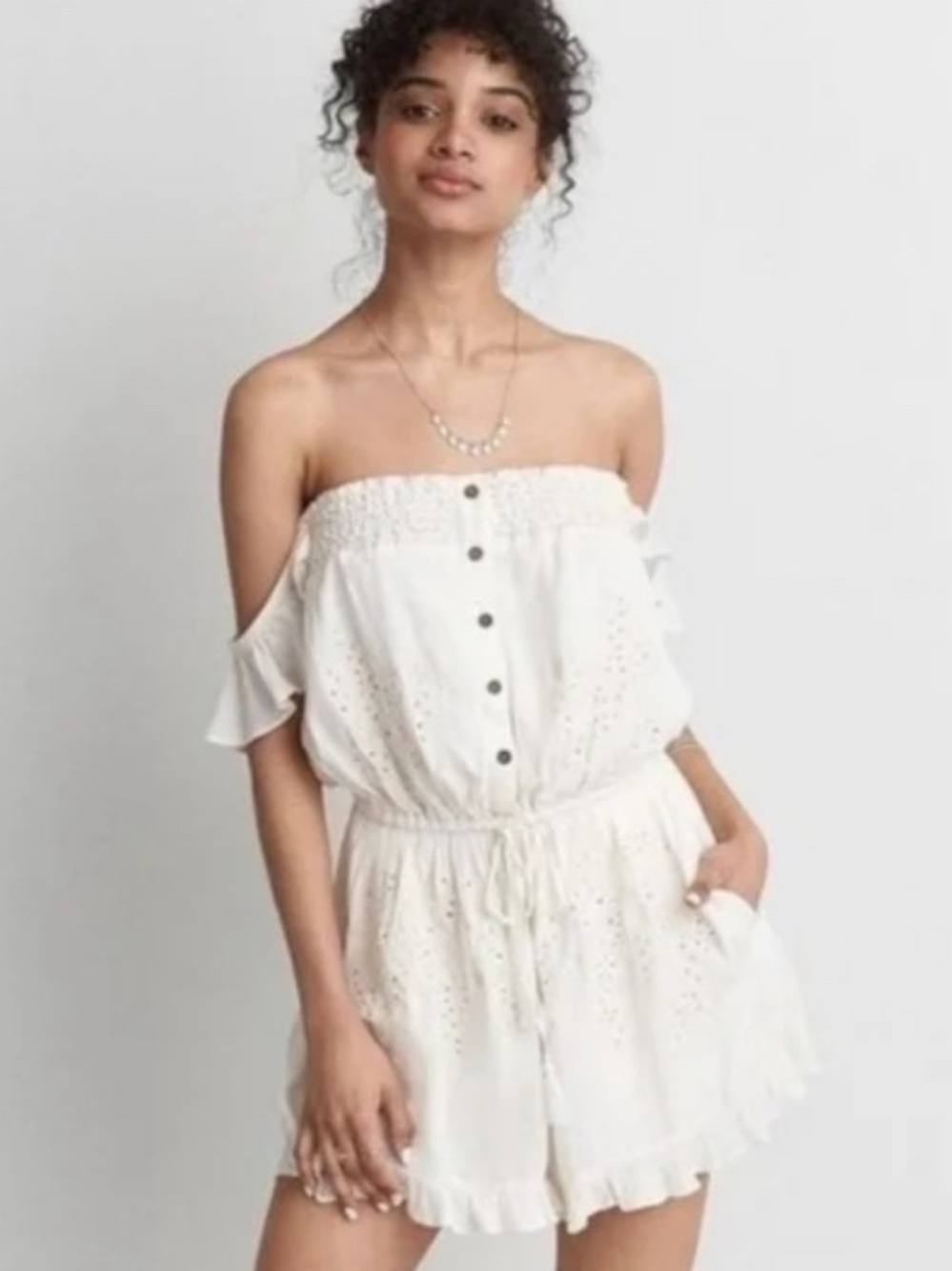 American Eagle Outfitters Eyelet Off Shoulder Romper Coastal Beach Romantic